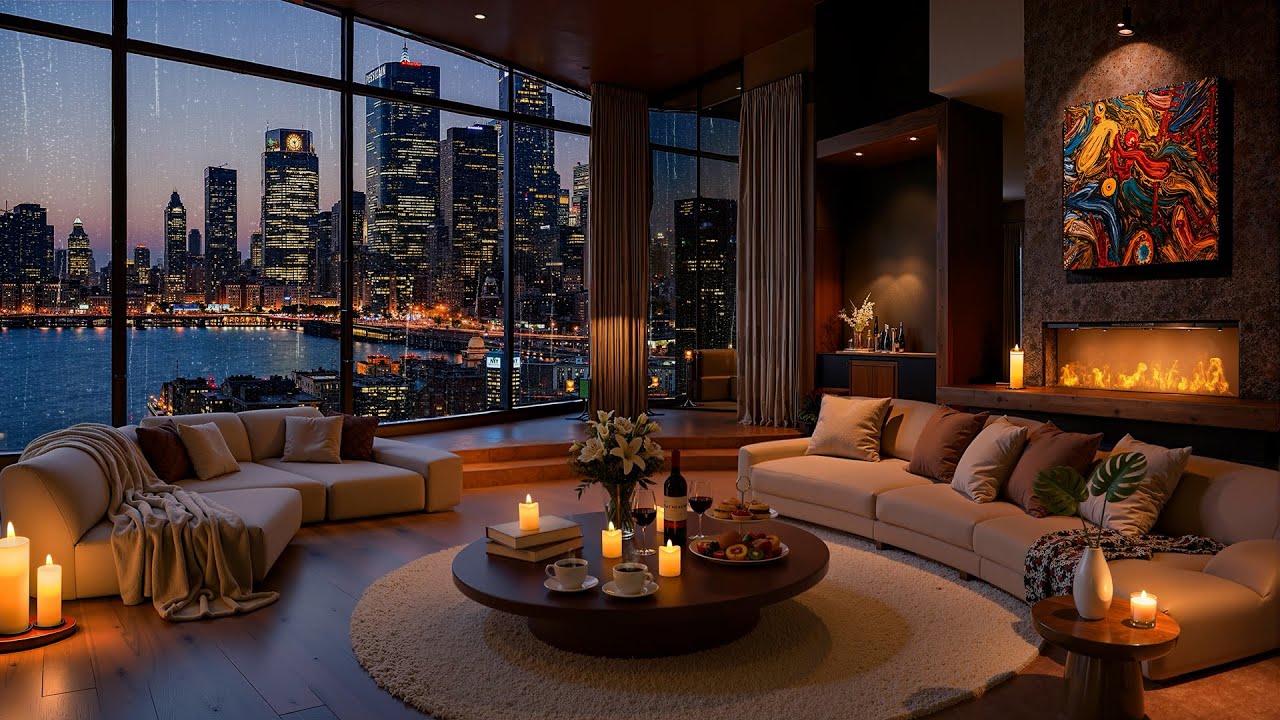 Rainy Night Over Manhattan 🌧️ Luxury Riverside Apartment with Soothing Jazz & City Skyline View