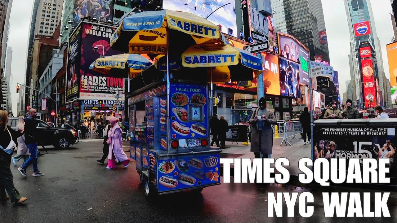 Rainy Times Square NYC Walk 🇺🇸 New York City Walking Tour | Street Food Cart & Neon Lights March 5