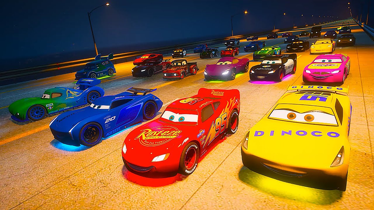 Night Race Cars McQueen VS Random Pixar Cars  Cruz Ramirez Sarge Holley Shiftwell Jackson Storm DJ