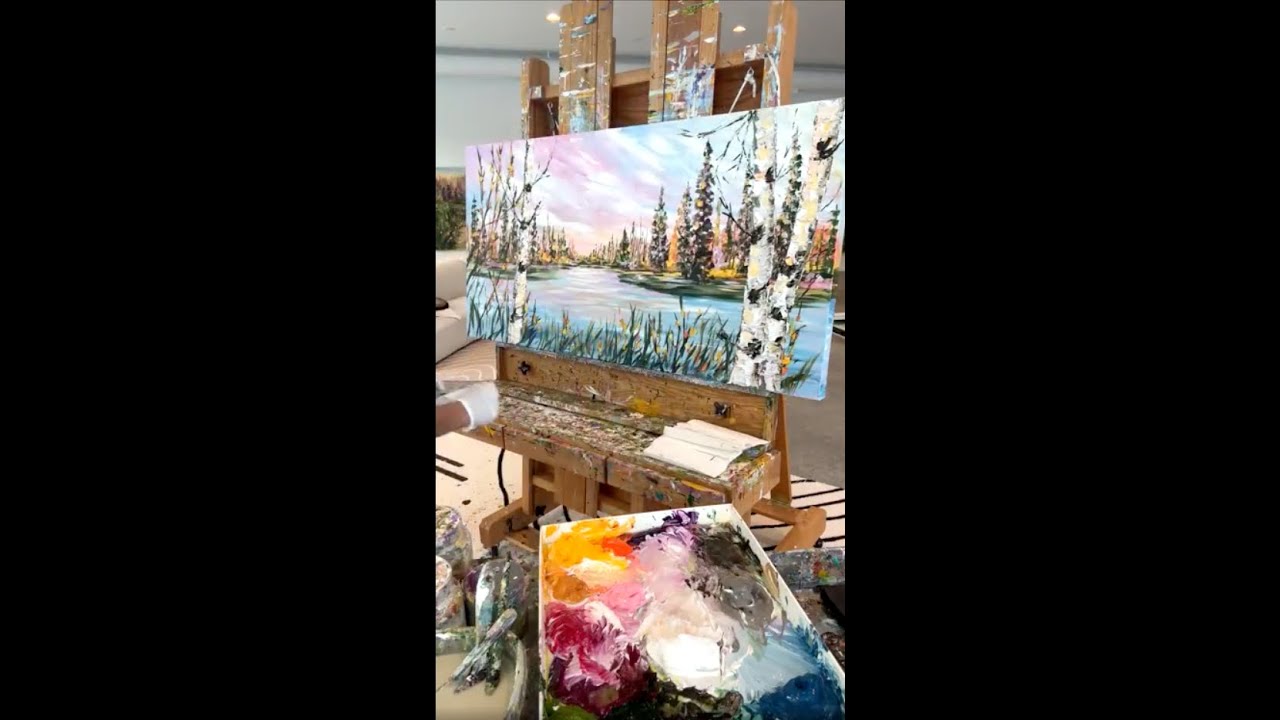 Painting a lake and birch trees in acrylics - Giselle Denis Fine Artist