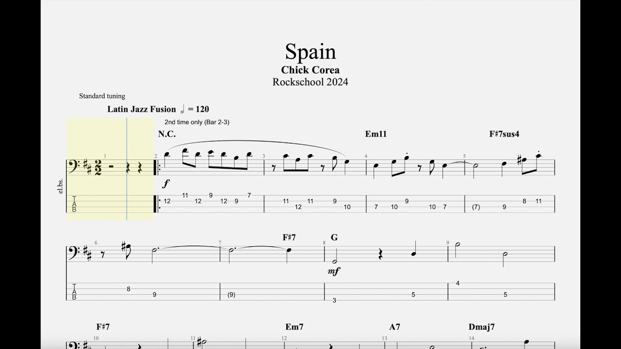 G8 Spain Bass Rockschool 2024 Grade 8 Tab