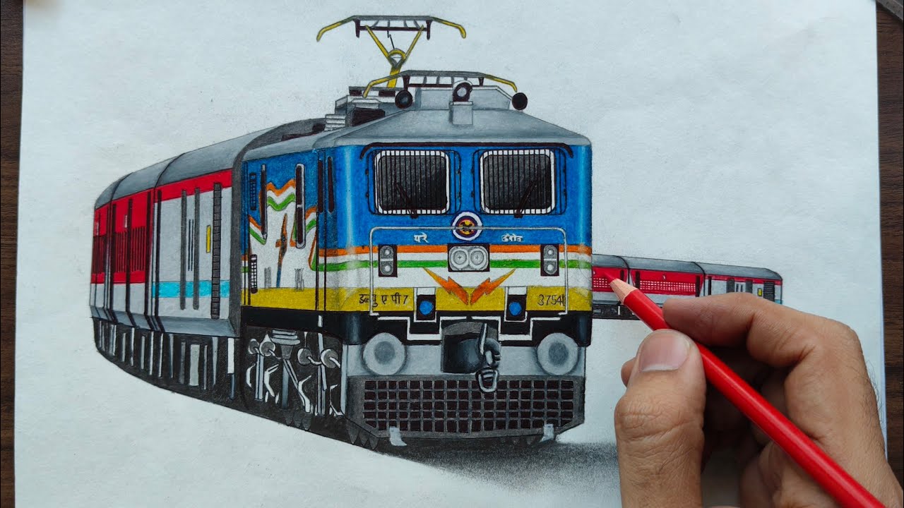 Sketching elegant Erode WAP 7 locomotive in tricolour hauling LHB coach train