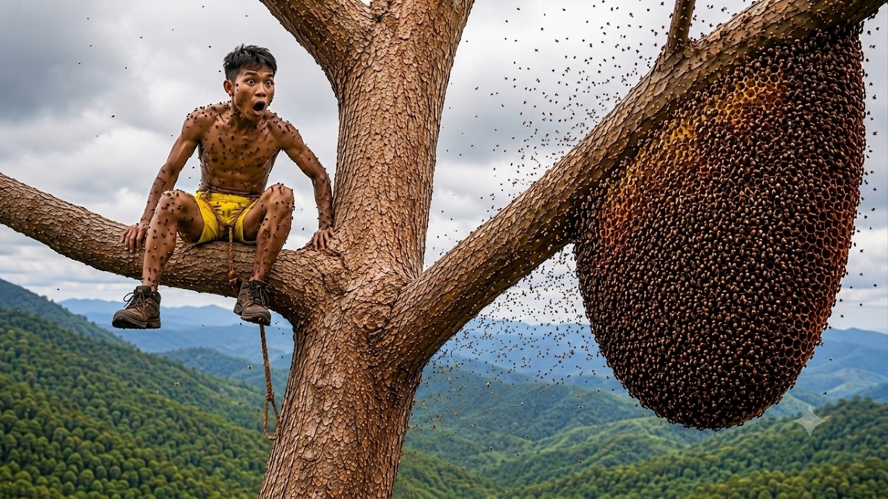 Extreme Wild Honey Hunting: Only the Bravest Would Climb This 100m Tree for Giant Wild Honey