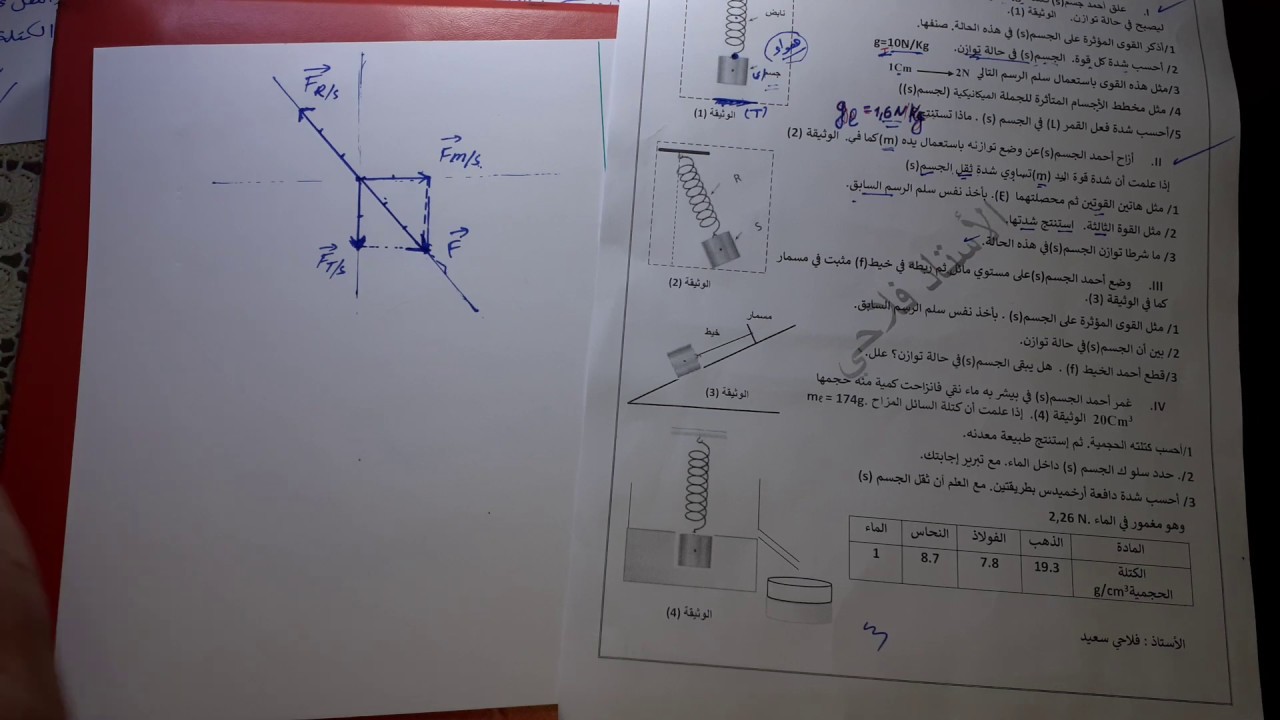 تمرين شامل لمراجعة الظواهر الميكانيكية للسنة الرابعة متوسط -الجزء الثاني-