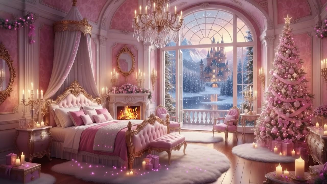 👑💖 Fairytale Pink Castle Christmas Bedroom | Snow & Fire Sounds for Royal Relaxation ✨