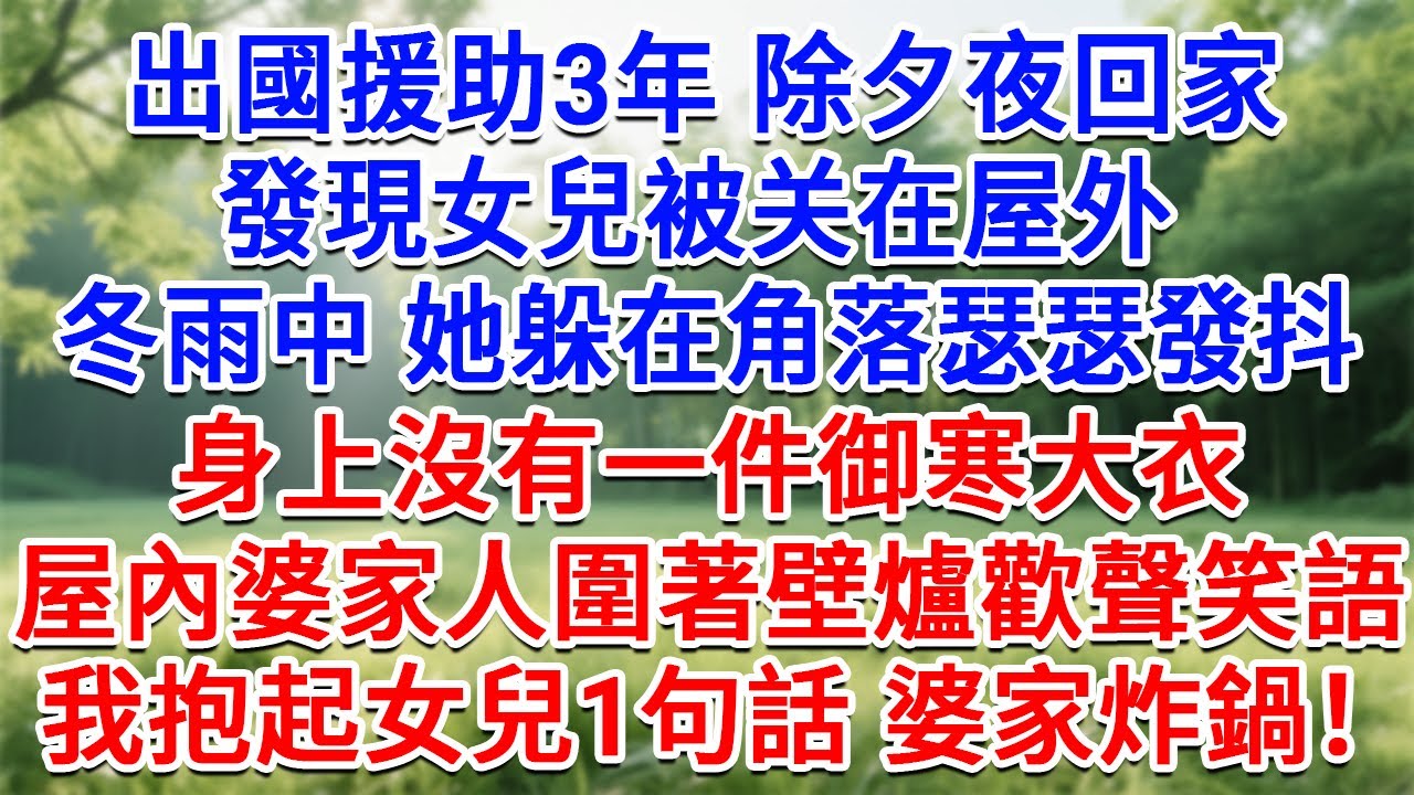 出國援助3年 除夕夜回家，發現女兒被關在屋外，冬雨中 她躲在角落瑟瑟發抖，身上沒有一件禦寒大衣，屋內婆家8口人圍著壁爐歡聲笑語，我抱起女兒1句話 婆家炸鍋！#情感故事#故事#小說#戀愛#情感#婚姻