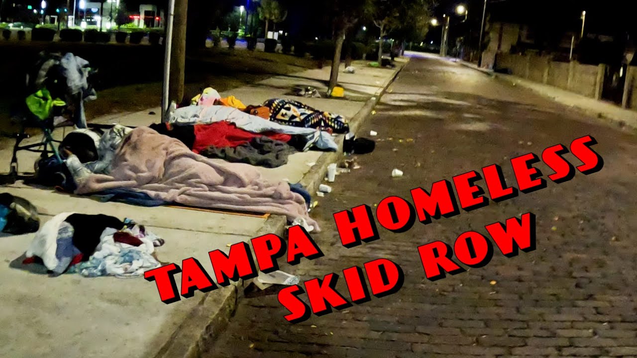 Walking Tampa,Florida Skid Row On A Cold Night - Rats Crawling On Homeless Sleeping Unsheltered