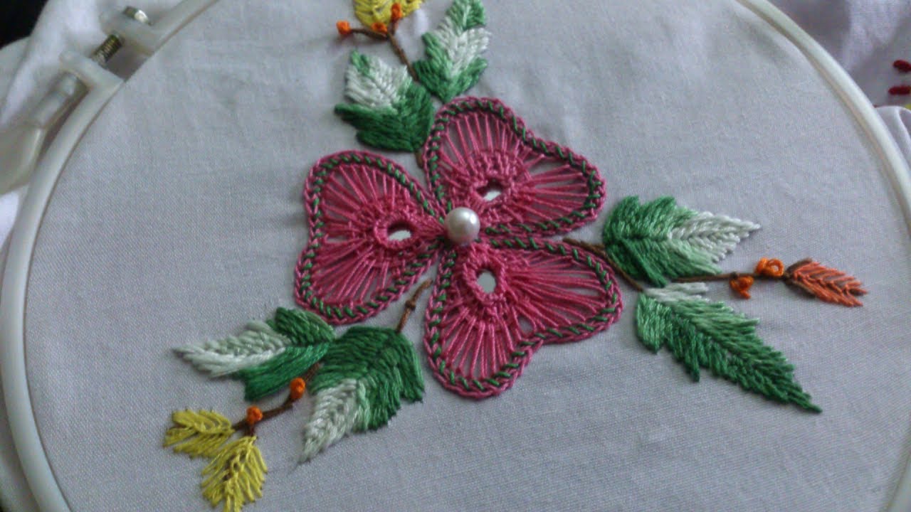 Hand embroidery . Beautiful  flower stitch with mirror.