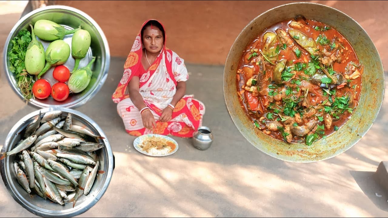 DESI CHARA PONA with Eggplant FISH curry recipe || Village cooking Style ||