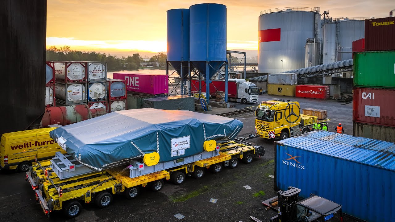 630PS und 540t Hubkraft für 414t auf 18 Achsen - Transport und Verlad eines Hyper-Kompressors