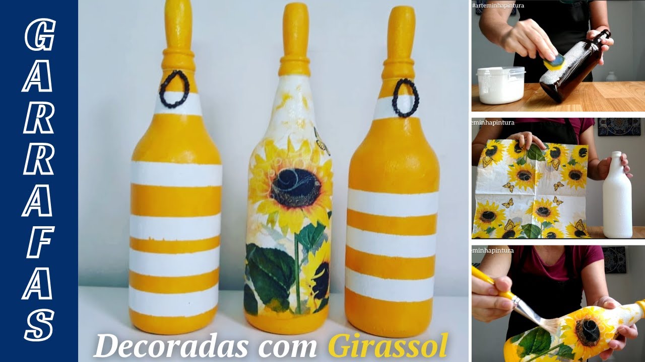 GARRAFAS DECORATIVAS - Técnica de Pintura e Decoupagem com Guardanapo - DIY