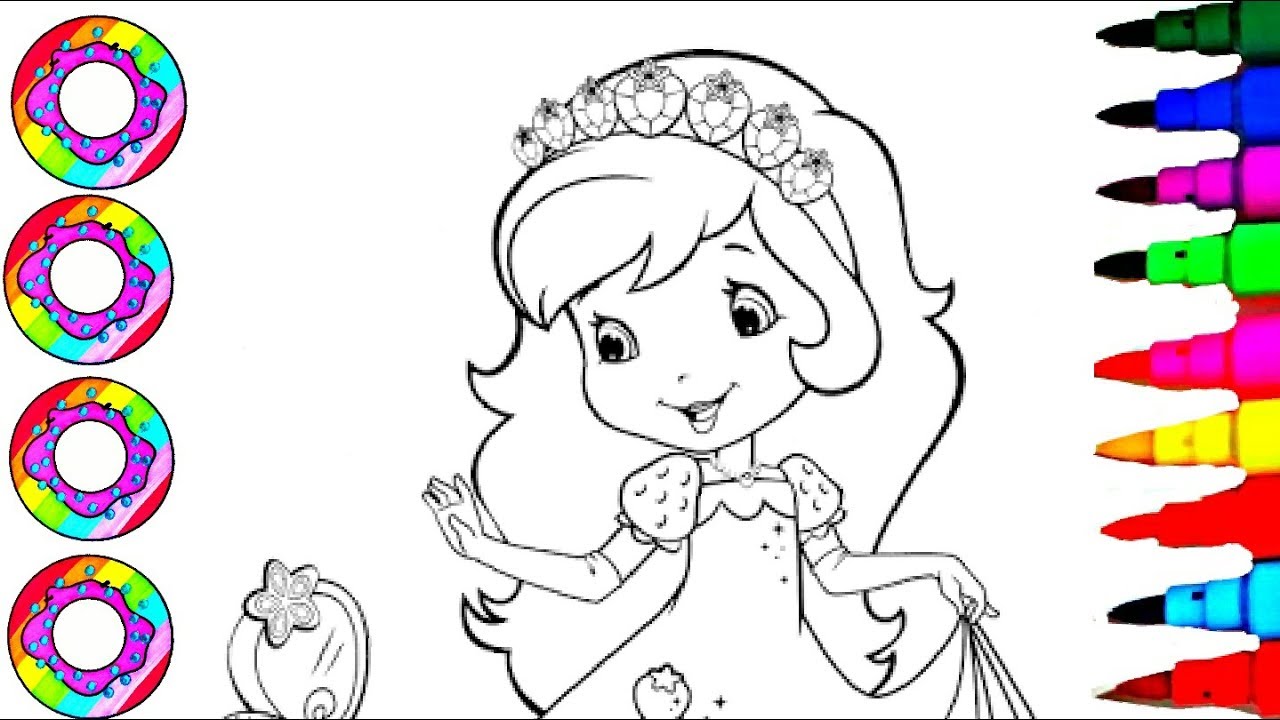 Drawings and Coloring Princess Strawberry Shortcake for Kids with Rainbow Headband Coloring Pages