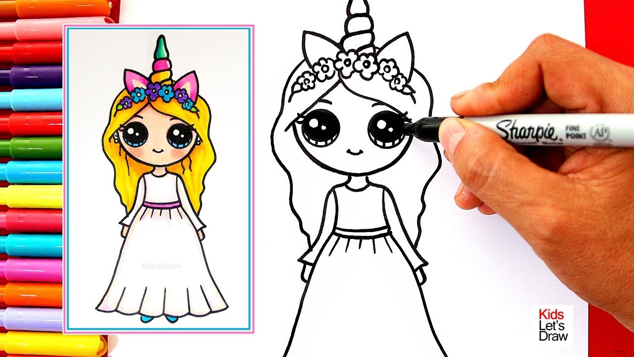 Cómo dibujar una CHICA UNICORNIO Kawaii Rubia y de Vestido Blanco