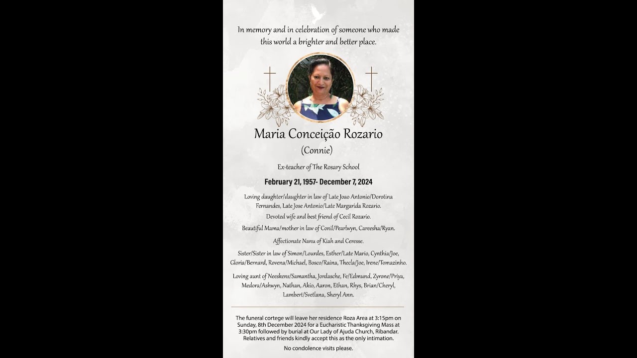 Funeral service of Maria Conceiçâo Rozario | 3.30pm to Our Lady of Ajuda Ribandar