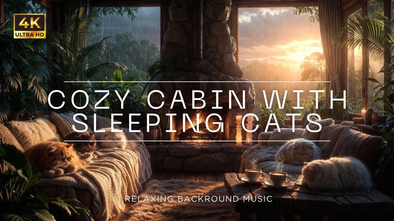 Cozy Cabin with Sleeping Cats 🌧️🔥 | Rainy Window & Fireplace Ambience