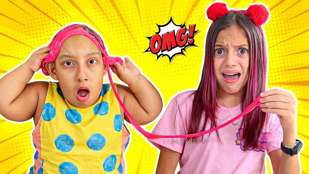 Jessica ajuda sua amiga Maria Clara com slime no  cabelo