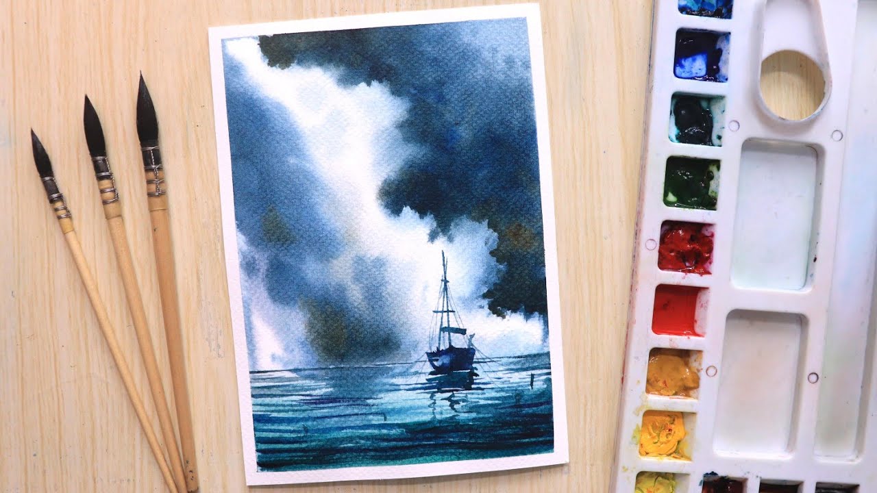 Watercolor painting of dramatic rainy cloud landscape step by step
