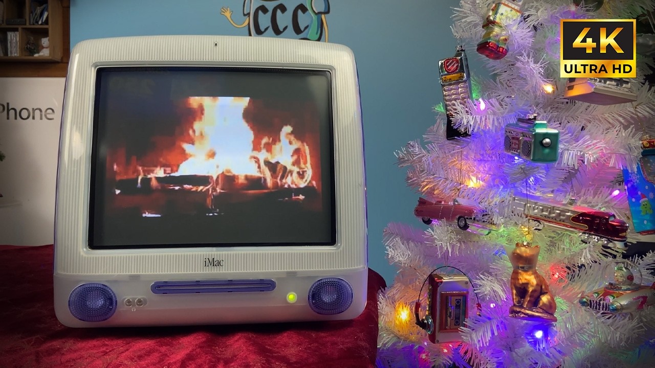 4K | 1 Hour Fire Log on G3 iMac | Crackling Fire | NO MUSIC/MIDROLL | Apple Christmas Tree
