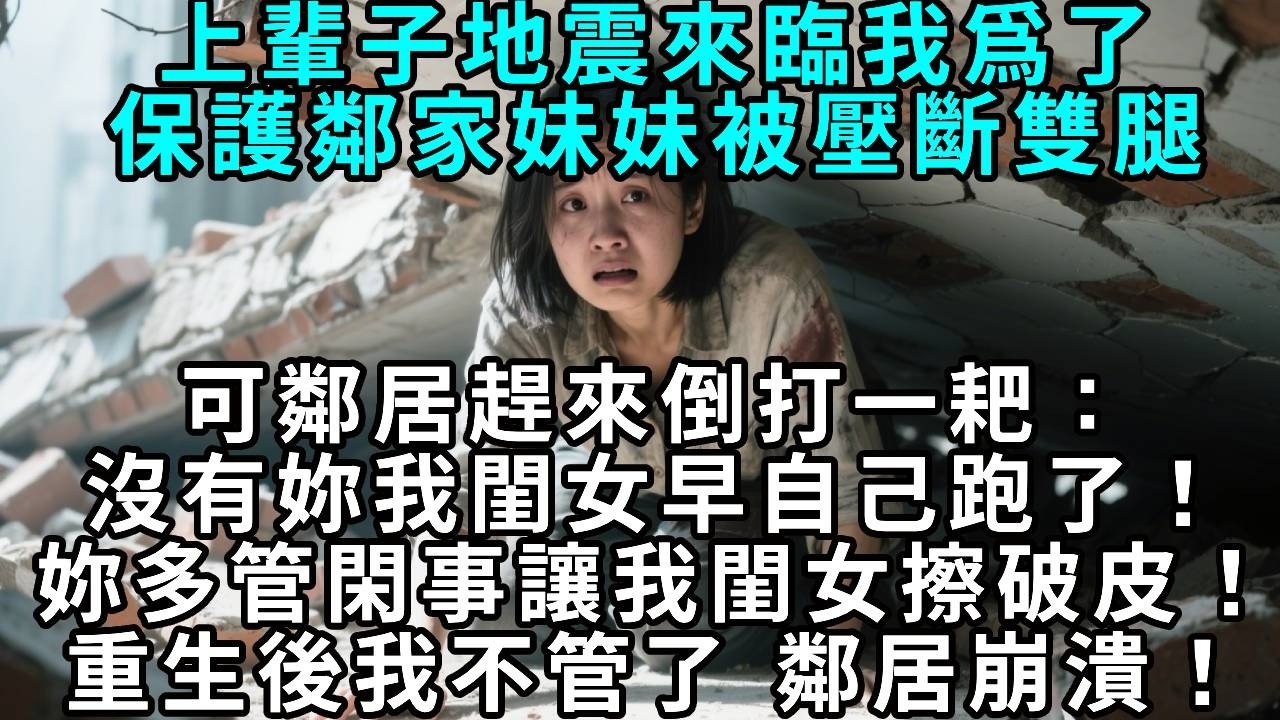 上輩子地震來臨，我爲了保護鄰家妹妹被壓斷雙腿。可鄰居趕來倒打一耙：沒有妳，我閨女早自己跑了！妳多管閑事讓我閨女擦破皮！重生後，我選擇袖手旁觀 鄰居崩潰了！
