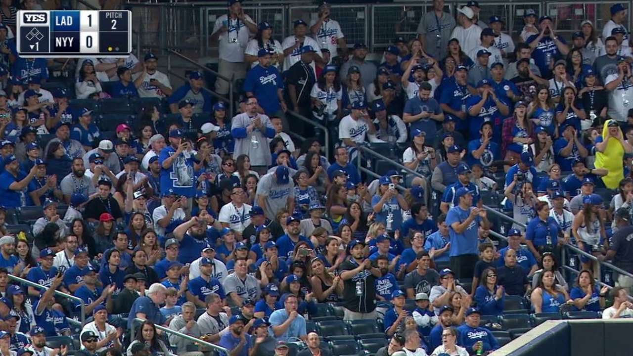 LAD@NYY: Dodgers fans do roll call in Yankee Stadium