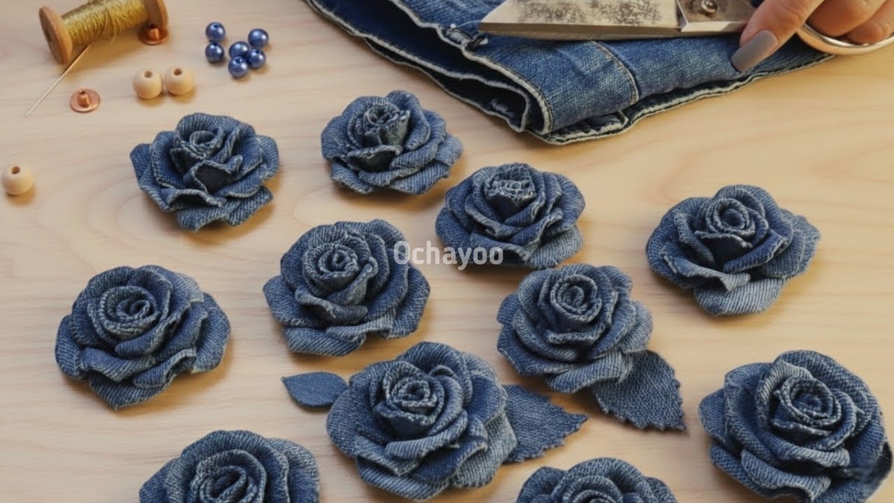 DIY Denim Flower/Turn old jeans into beautifull roses// step by step tutorial