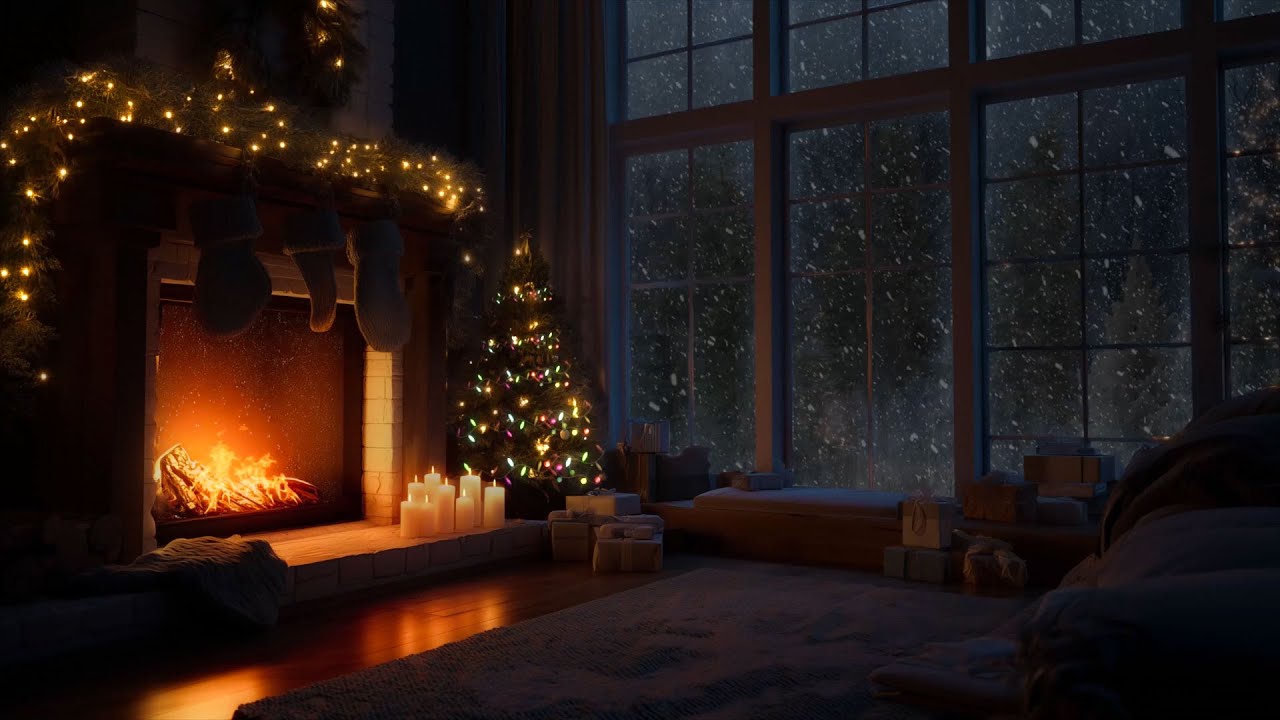 Warm Christmas Night Atmosphere 🎅 Cozy Room with Crackling Fireplace and Falling Snow 🌨️