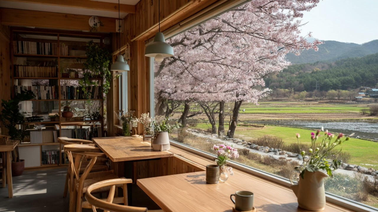 [중간광고없음] 창밖에 벚꽃이 가득한 시골 카페 피아노 | Cherry Blossom Cafe Piano 🌸☕🎹