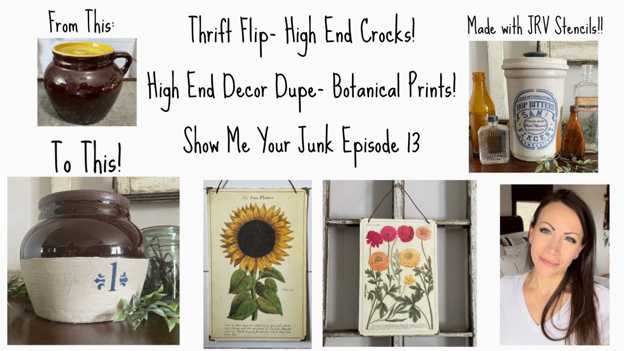 Thrift Flips- High End Crocks w/ JRV Stencils I  Decor Dupe-Botanical Prints I Show Me Your Junk 13