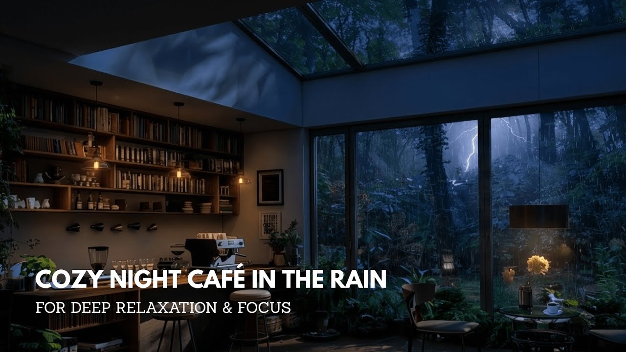 Cozy Night Café in the Rain for Deep Relaxation & Focus | Heavy Rain on Glass ASMR Ambience