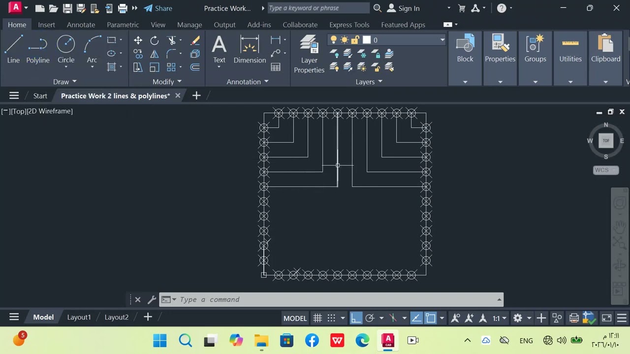 Practice work 2 (Lines & poly-lines by Hatch) command in AutoCAD