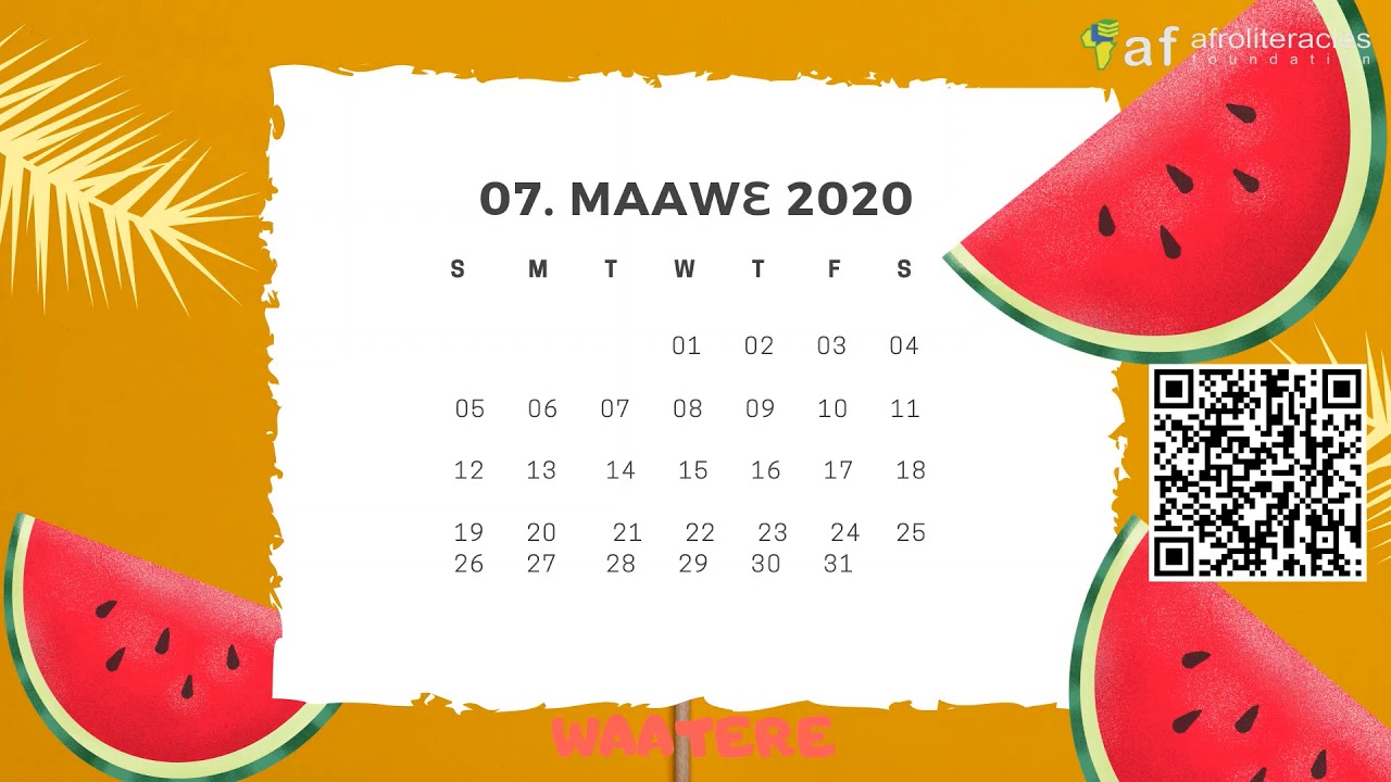 2020 Bilingual Mawie Ga calendar with QR Codes set to Ga folk music