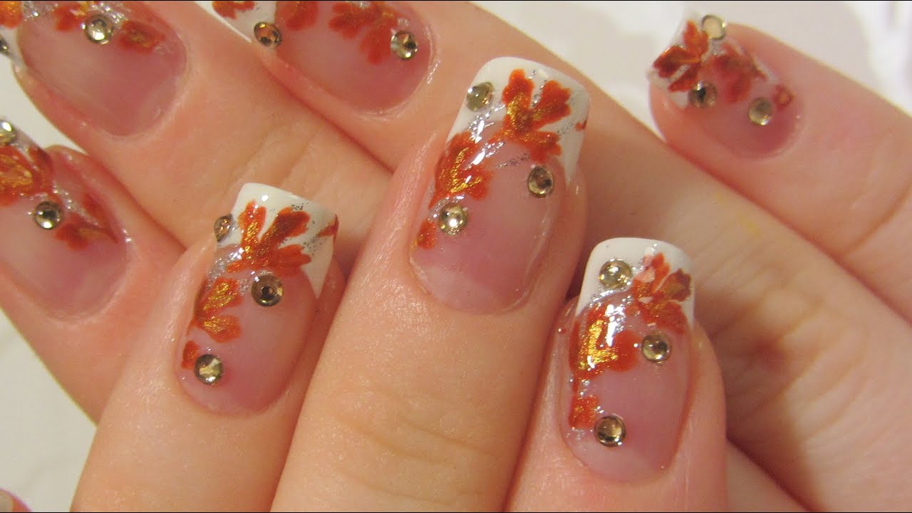 Autumn Bridal Design with Bronze/Burnt Orange and Gold Leaves & Rhinestones Nail Art Tutorial
