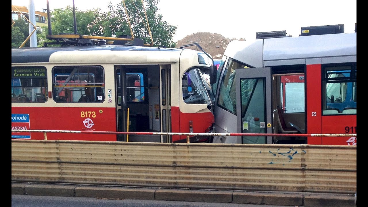 Trams pulled apart after accident, Prague 21/05/2013