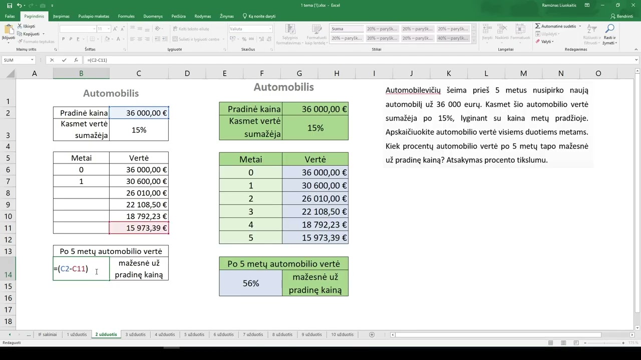 11 klasės Excel kartojimas - procentai ir greitas pildymas | Kartojimo užduotys 1