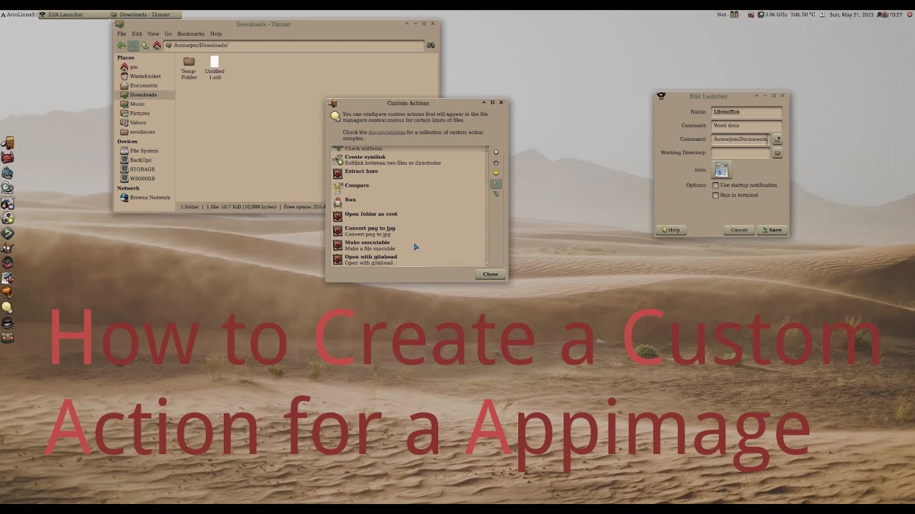 How to create a custom action for a Appimage on Thunar without  Scripts or terminal