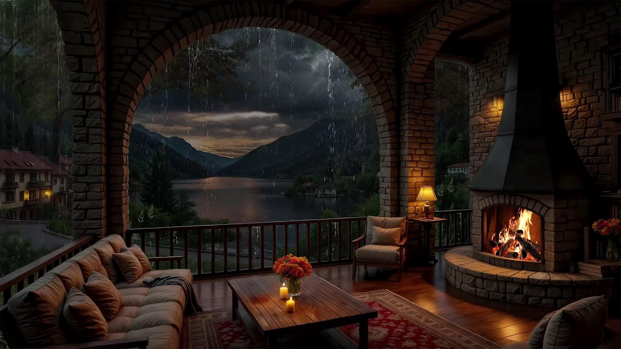 Cozy Lakeside Porch Rain at Night 🌧️🔥 Crackling Fireplace & Soft Rain Sounds for Sleep, Relaxation