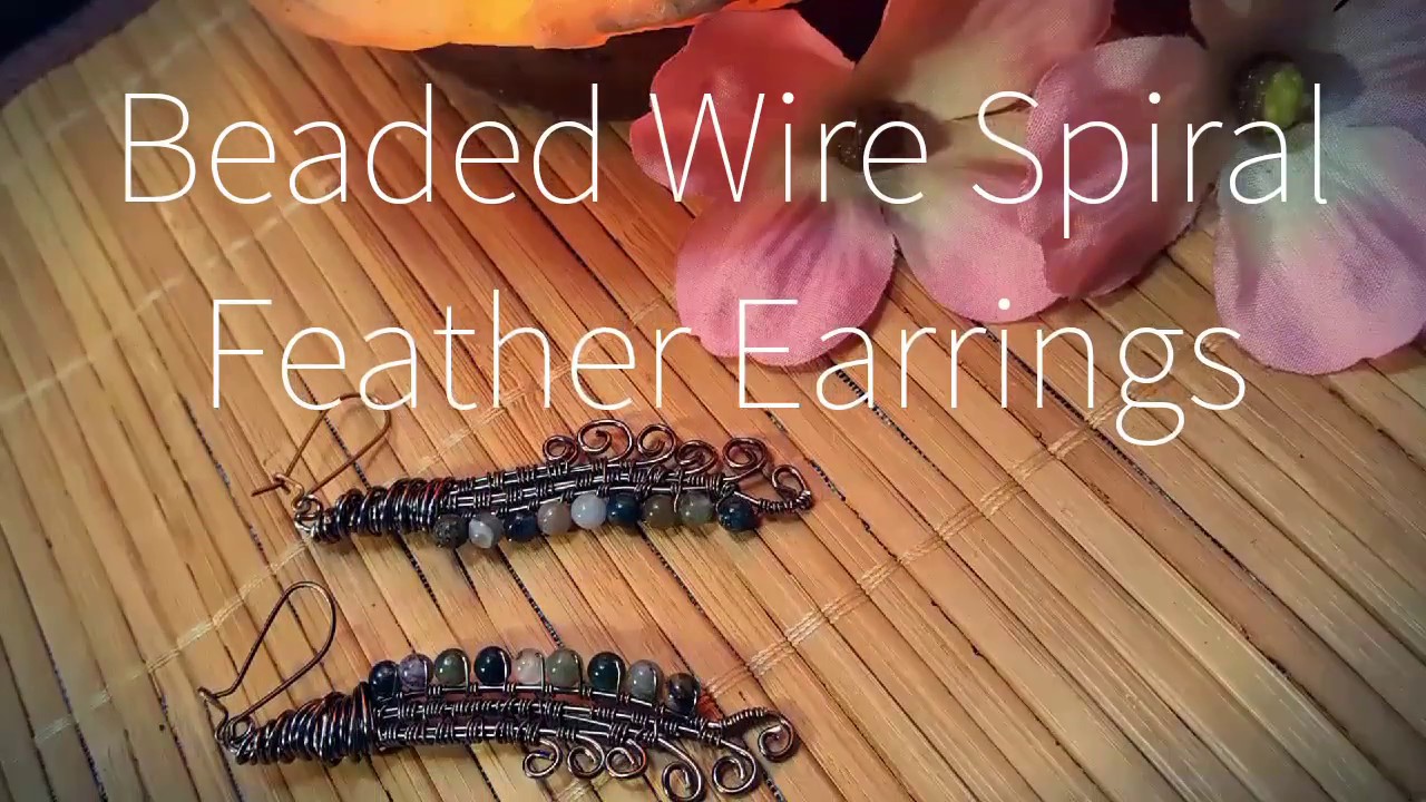 Beaded Wire Spiral Feather Earrings