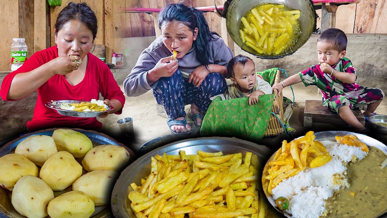 Home made Potatoes French Fries & Rice making & eating | New Nepali Village Vlog #potatofrenchfries