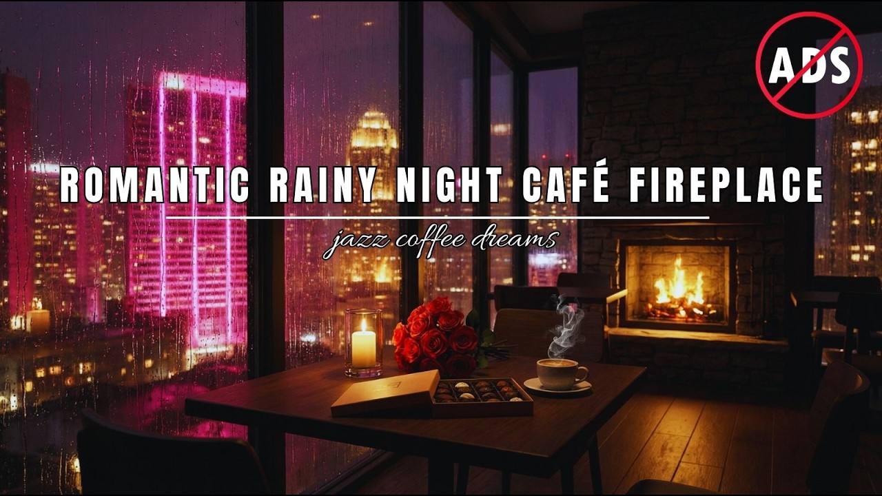 Romantic Rainy Night Café Fireplace ☕🌧️ Smooth Jazz Ambience | Cozy Love & Relaxing Evening Jazz