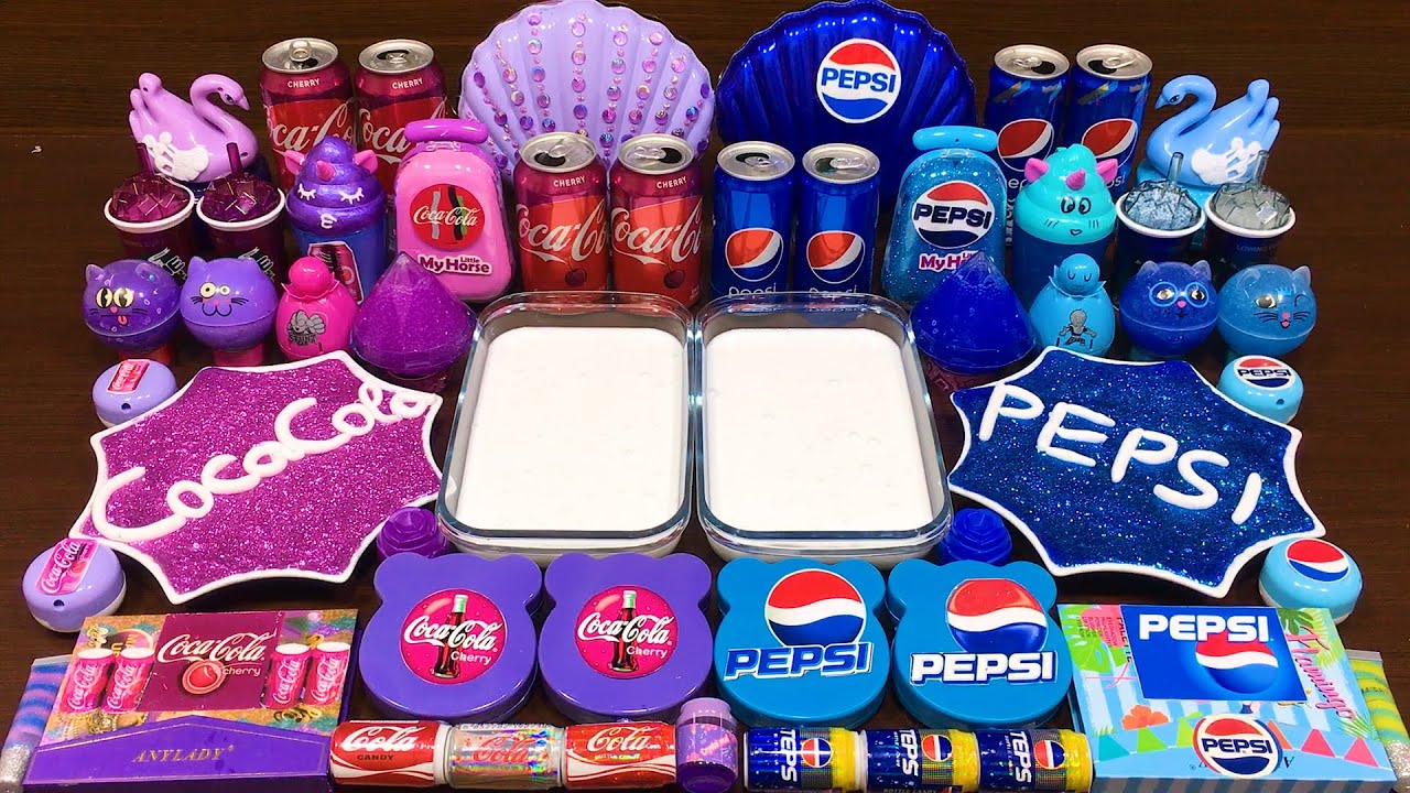 PURPLE COCACOLA vs BLUE PEPSI ! Mixing GLOSSY Slime with Many Things ! Satisfying Slime, ASMR Slime