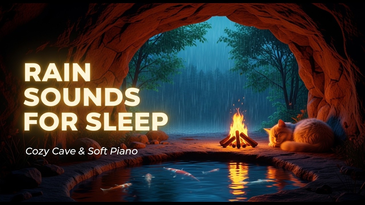 Rain Sounds & Soft Piano for Sleep 🐱🔥 Cozy Cave Campfire Ambience | 8 Hours Relaxing Night