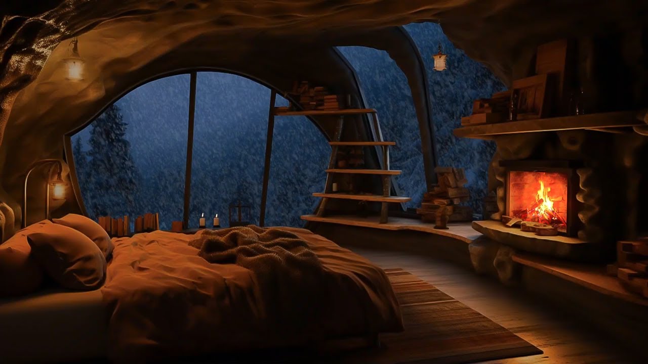 Unwind During a Snowstorm Night ❄️Cozy Cave Fireplace and Snowstorm ASMR for Ultimate Relaxation