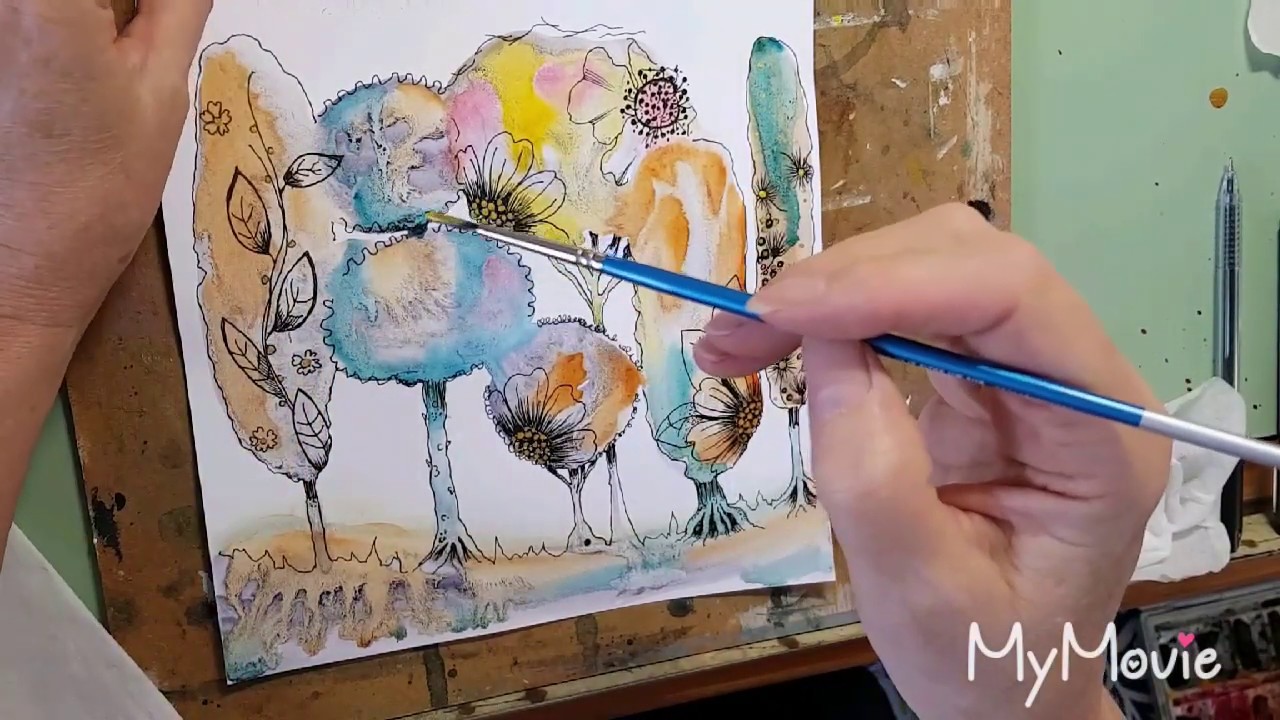Watercolour Tutorial Imaginary Treescape with Granulation and Bling