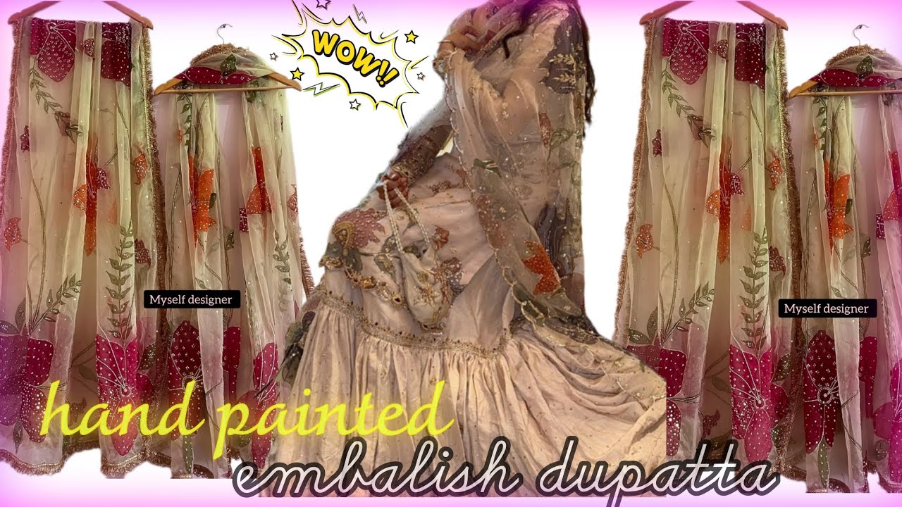 Hand painted embalishment dupatta design 🥀🪞| trending organza hand painted dupatta from  scratch ✨| 