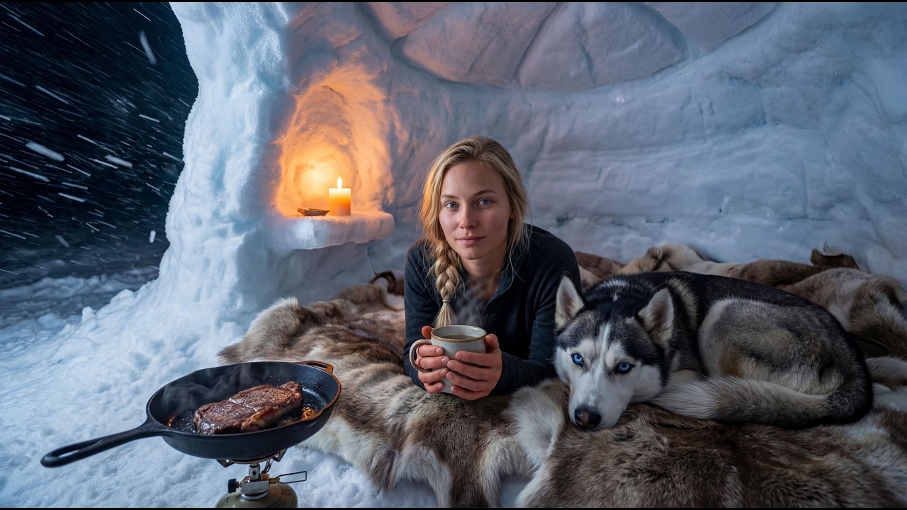 3 DAYS TRAPPED in a SNOW CAVE — Solo Girl Camping & Husky Survive the Blizzard — No Talking ASMR
