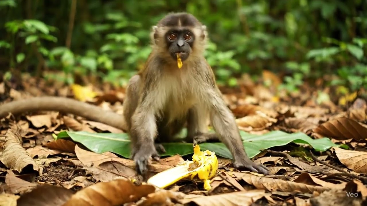 Baby monkey cute 🥰 eating banana pudding 