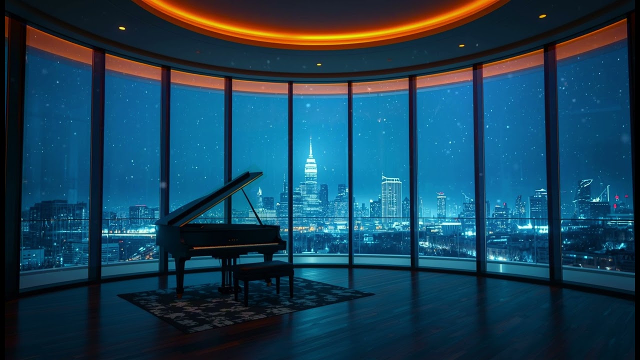 Winter Night Piano Music ❄️| High Rise Snowfall Sky - Dusty Bookshelf