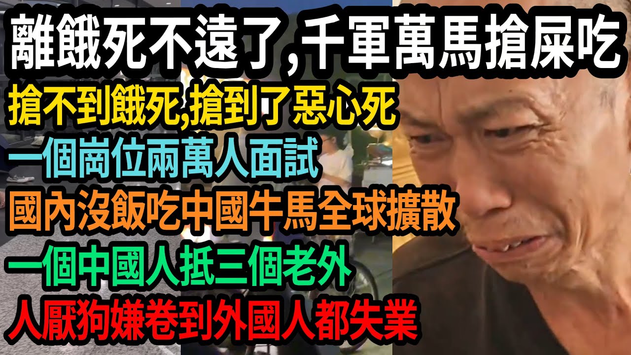 離餓死不遠了，千軍萬馬搶屎吃，搶不到餓死，搶到惡心死，一個崗位2萬人面試，國內沒飯吃中國牛馬全球擴散，一個中國人抵三個老外，卷到外國人都失業，人厭狗嫌，#中國