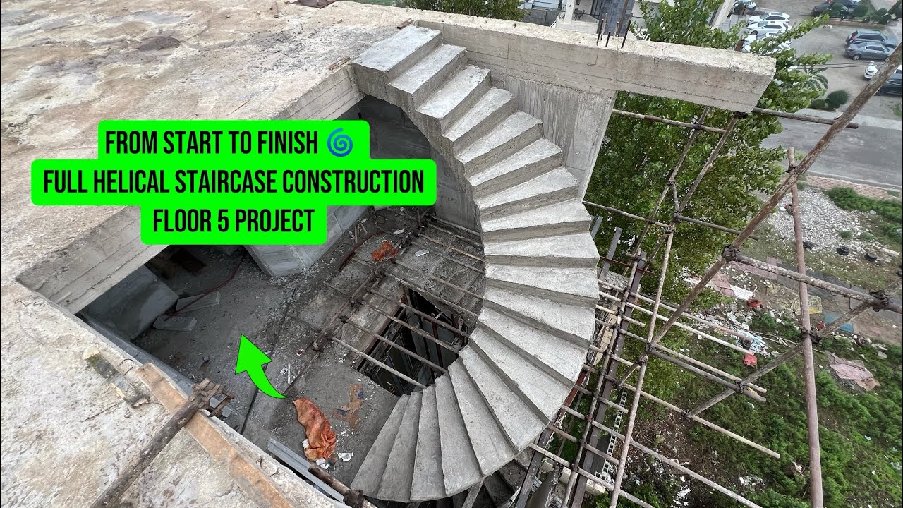 Full Helical Staircase Construction | From Formwork to Finishing | Floor 5 Concrete Stair Project