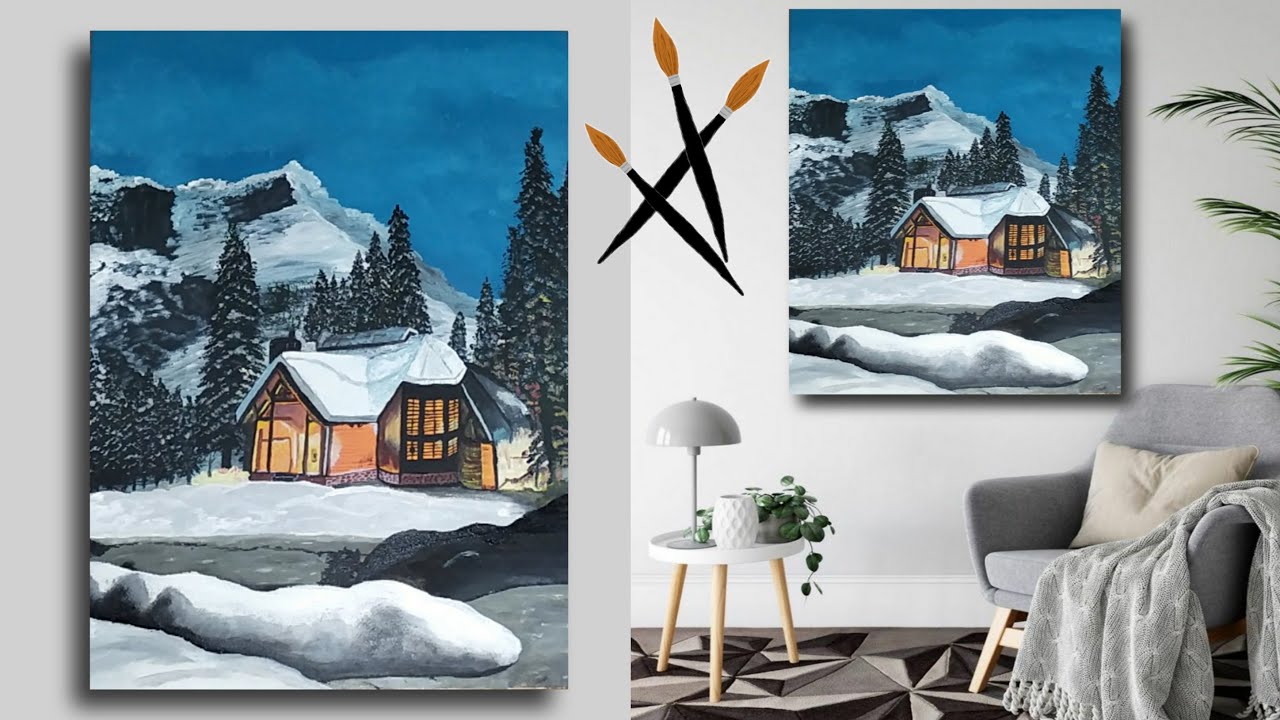 Tiny House in the snowy mountains/Acrylic painting #66